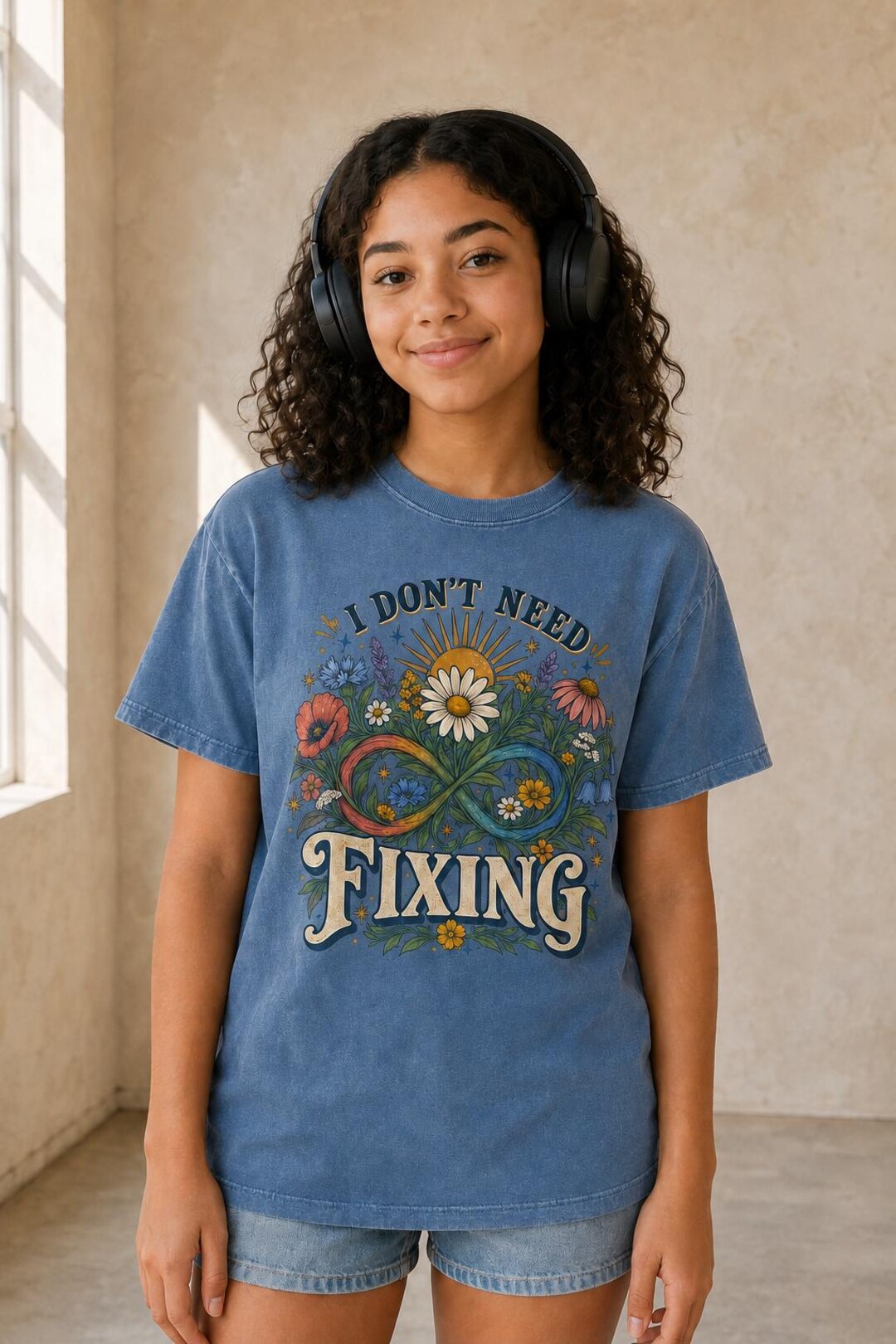 Model wearing the I Don’t Need Fixing Girls Autism Acceptance Shirt