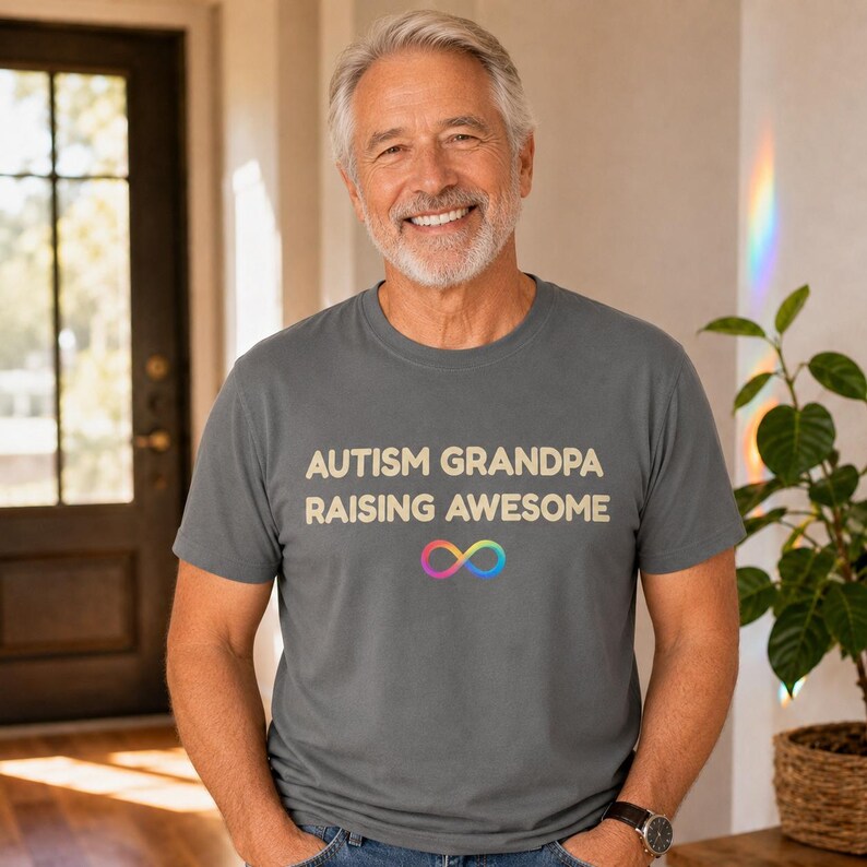 Model wearing the Autism Grandpa Raising Awesome Shirt